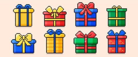 Pixel art happy birthday colorful gift boxes set with ribbon bows. Pixelated y2k trendy icons of present packages with bowknots in 8bit retro style. Holiday packaging for bday party or surprise event vector