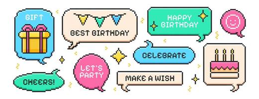 Pixel art happy birthday element set. Y2k trendy pixelated speech bubbles with present gift box with bow, party flags, sparkles, cake and congratulations quotes. Bday talk balloons in 8bit retro style vector