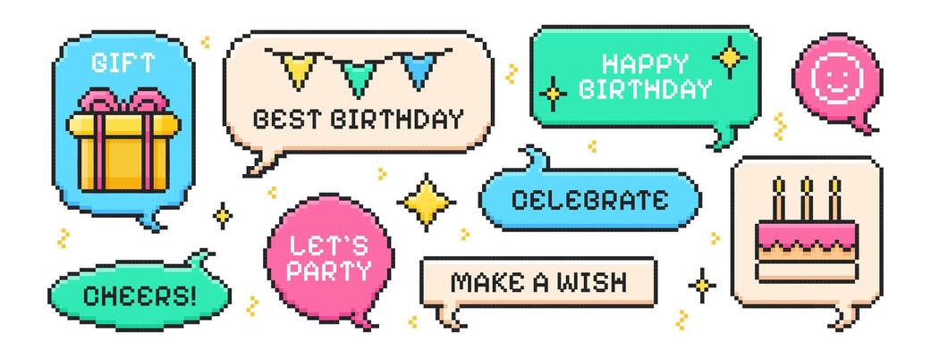 Pixel art happy birthday element set. Y2k trendy pixelated speech bubbles with present gift box with bow, party flags, sparkles, cake and congratulations quotes. Bday talk balloons in 8bit retro style