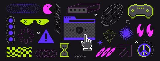 Set of pixel elements in 8bit retro style. Pixelated game controller icon, arrow, aesthetic lines and wireframe grid forms. Geometric brutalism simple shapes, rock sign and y2k trendy stickers. vector