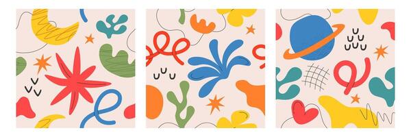 set of contemporary square cards with summer nature elements. Posters with organic abstract geometric shapes, moon, lines and freeform objects. Modern hand drawn simple figures, botanical forms vector