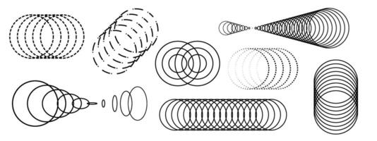 Set of abstract geometric shapes, round objects and circles. Illustration of different line elements. Symbols and signs of round forms for design, architecture, drawing. vector