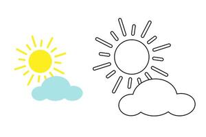 Sun and cloud coloring book for kids. Illustration. Icon of weather phenomena. Simple black and white linear drawing of cloud and sun. Baby print. vector