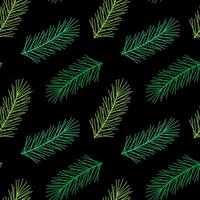 Seamless pattern with fir and pine green twigs. Linear illustration of coniferous branch. Dark spruce background. vector