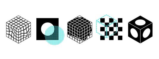 Abstract futuristic set of geometric shapes, distortions and meshes. Illustration of cube, circle and square. Dotted and perspective grid objects. Warped and perspective different elements. vector