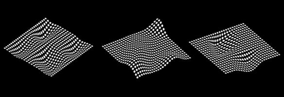 Abstract cyber distortions and convex warps. Black and white illustration of perspective objects. Futuristic digital dotted shapes. vector