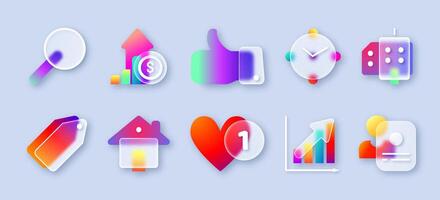 Transparent matte glass morphism ui icon set with neon gradient. Realistic modern 3d frosted buttons of business growth graph, price tag, time, thumbs up and magnifying glass for website or mobile app vector