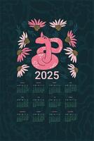 2025 Calendar with cute snake and flowers. Vertical banner with symbol of the year and coneflowers print. dark flat illustration vector