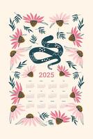 2025 Calendar with snake and flowers. Vertical banner with month, weeks and dates template. Symbol of the year and coneflowers print. flat illustration vector