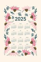2025 Calendar with coneflowers. Vertical banner with month, weeks and dates template. flat illustration vector