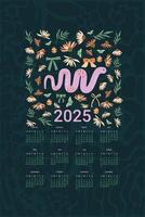 2025 Calendar with cute snake and daisy flowers. Vertical banner with symbol of the year and coneflowers print. dark flat illustration vector