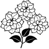 a black and white illustration of five hydrangea flowers and white leaves bold and easy line 3 d, vector
