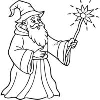 old wizard casting colorful spell from his wand, illustration line art vector