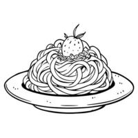spaghetti with a cutlet on a plate, illustration line art vector