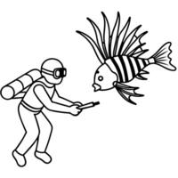 buzo cazando a un pez leon, illustration line art vector