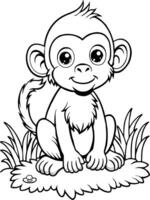 a baby monkey with a playful expression, sitting in a grassy area with its family in the vector
