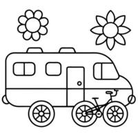 a colorful rv camper, painted with bright flowers and sunshine, with bicycles attached to the back vector
