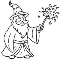 old wizard casting colorful spell from his wand, illustration line art vector