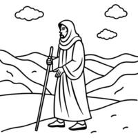 person in robe with cane in misty desert against dark sky, illustration line art vector