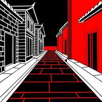 mystical empty red lights street in spooky ancient town 3d art illustration scary alley of oldtown vector
