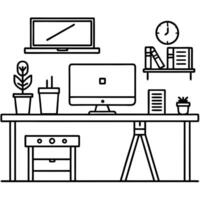 working table flat design, concept of working desk interior with furniture work room with computer, vector