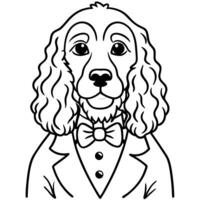 photo of a cocker spaniel looking dapper in a tuxedo against a pristine white background, vector