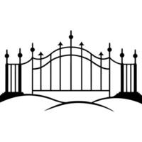 a victorian old black gate slightly visible in the fog and frosted landscape, illustration vector