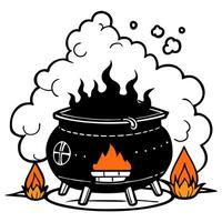 orange and black smoke emanating from a large boiling witches cauldron in a witchs hut halloween vector