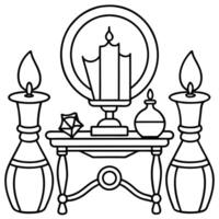 occultists table with crystal ball and candlesticks, illustration line art vector
