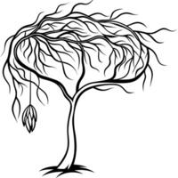 a stylized nest suspended from a willow tree branch, with long, flowing lines mimicking the trees vector