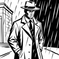 noir style male detective coat hat rain night street silhouette, illustration line art vector