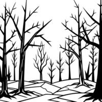 dark desolate forest with dead trees, broken braces, scary, illustration line art vector