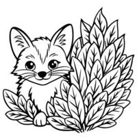 a tiny fox peeking out from behind a bush, illustration line art vector