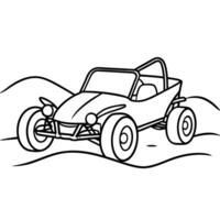 a sporty dune buggy, bright with roll bars, big off-road tires, and sand kicking up behind it as it vector