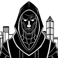 cyberpunk dark hooded character in the city, neural network art, illustration line art vector