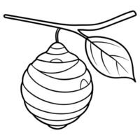 a circular hornets nest hanging from a branch, with detailed lines forming the honeycomb, vector
