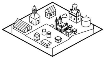 a map view of isometric medieval port town with an apothecary in the middle, illustration vector