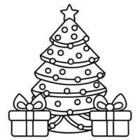 a simple line illustration a cute christmas tree decorated with five gifts stacked with bows under vector