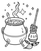 a magical cauldron bubbling with potions and a witchs broom next to it, illustration line vector