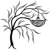 a stylized nest suspended from a willow tree branch, with long, flowing lines mimicking the trees vector