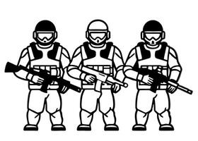 design a illustration featuring three soldiers in full tactical gear, presented as bold, vector