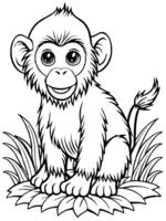 a baby baboon with a playful expression, sitting in a grassy area with its family in the vector