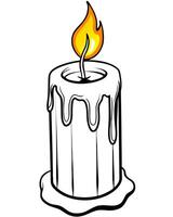 a simple, dripping wax candle with a bright flame the candle is white and has thick layers of wax vector