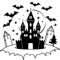 scary halloween castle - dark spooky place, with coffins and many bats, beautiful view, fog, ai, vector