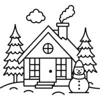 a cute cabin with bold outlines, surrounded by snow-covered trees smoke billows from the chimney, vector