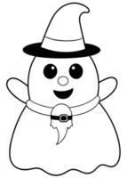 a cute cartoon ghost wearing a witchs hat with a buckle, holding a lollipop in one hand the ghost vector