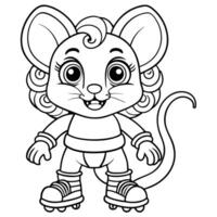 a stylish line art cute mouse with a rainbow mane and a horn playing roller skating in a black vector