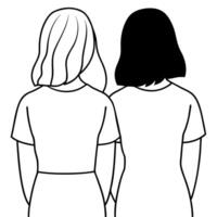 back view of two sisters, illustration line art vector