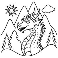 fantasy illustration with a dragon in the mountains, illustration line art vector