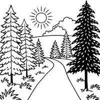 a path in a sunny coniferous forest tall trees and bushes in the foreground, illustration vector